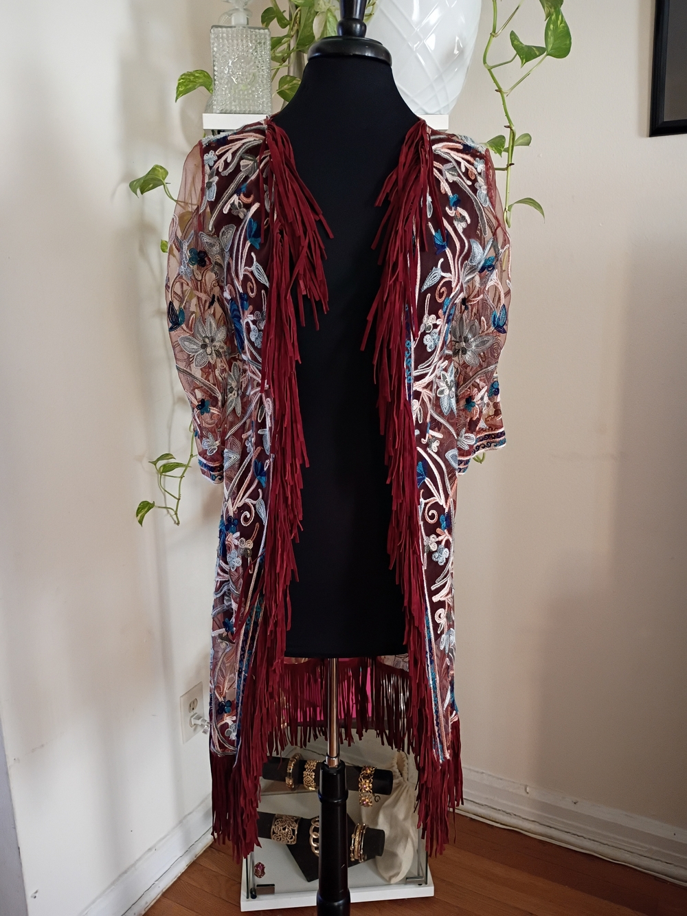 Embroidered Floral Fringe Kimono in Burgundy and Blue